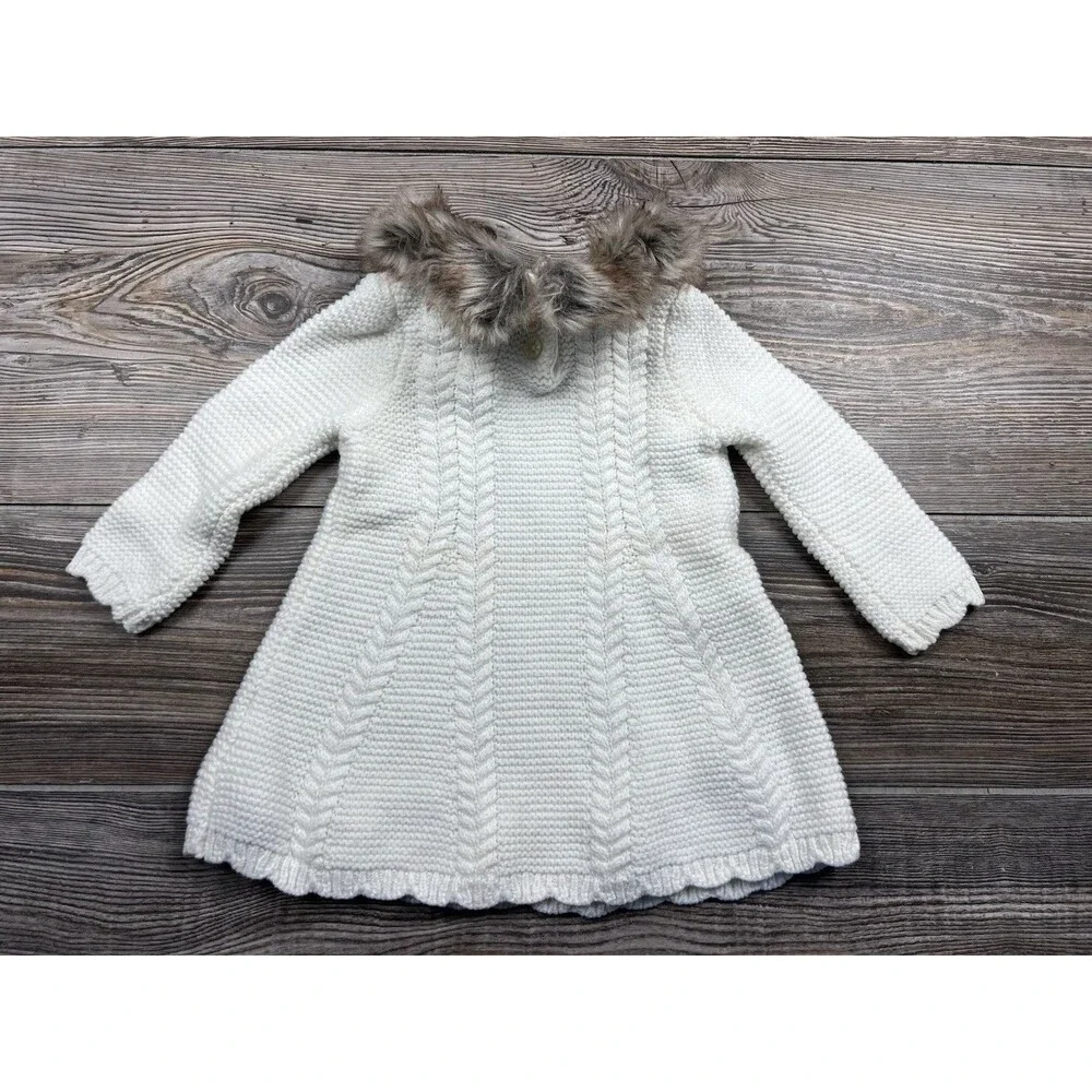 Tahari 3-6 M‎ White Knit Sweater Dress Faux Fur Collar Nordic Soft & Cozy Winter
